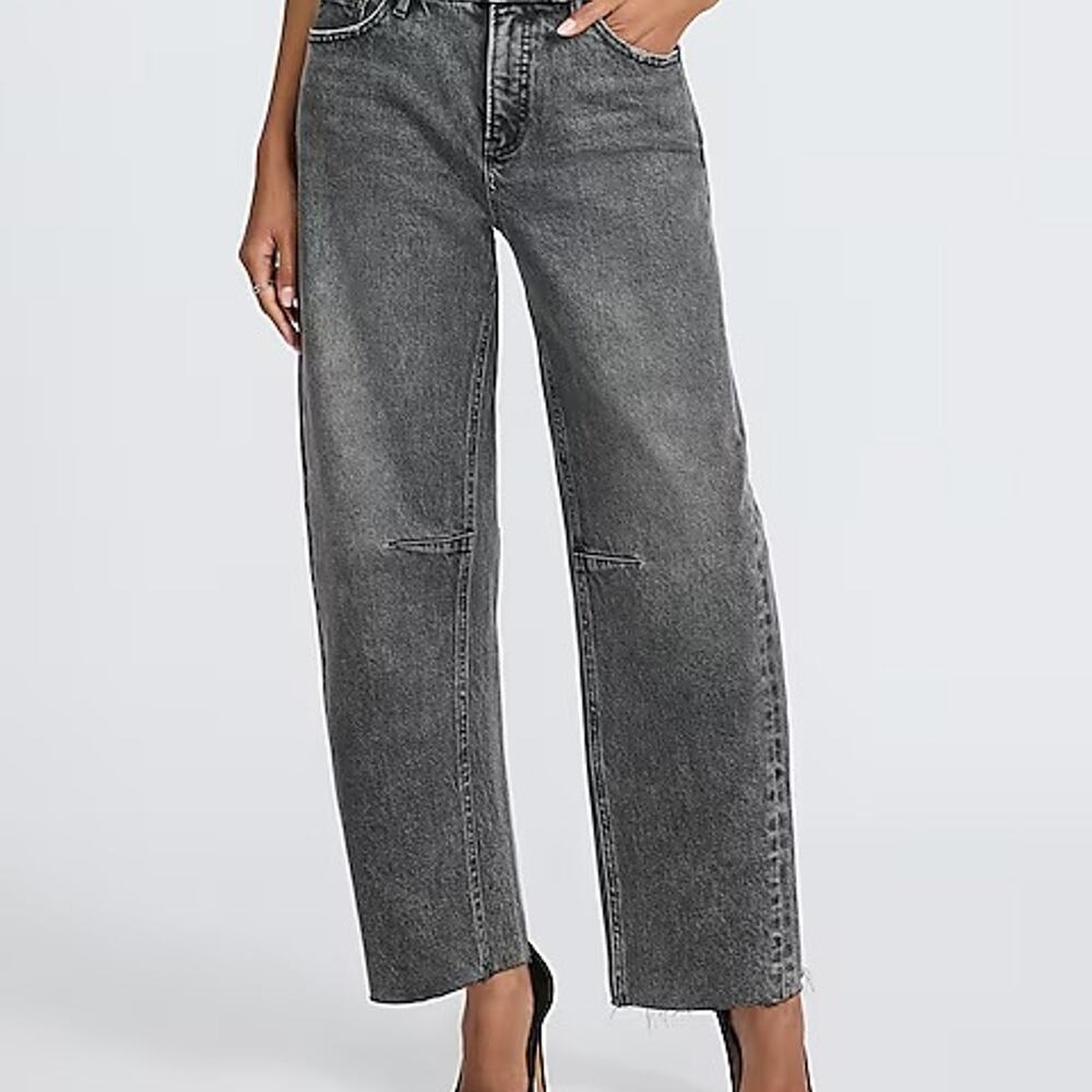 Express Mid Rise Raw Hem Barrel Washed Black Jeans - Size 14R